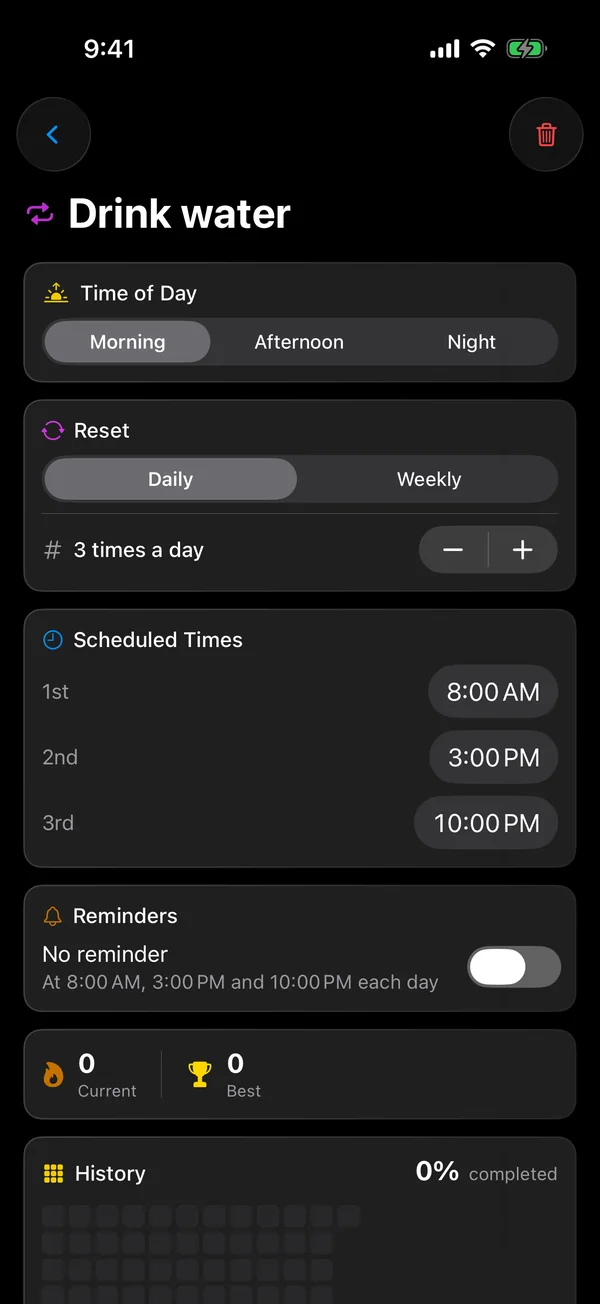 A habit set to three times a day, at 8:00 AM, 3:00 PM, and 10:00 PM