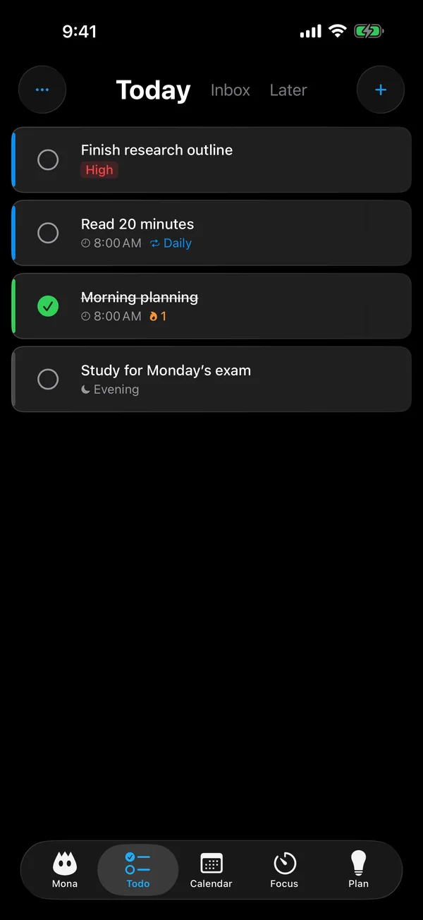 Mona's Today view with tasks and a habit due today